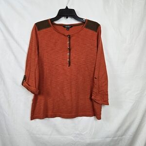 Lauren Ralph Lauren Womens Orange Brown Suede Trim Roll Tab Sleeve Henley XL Vtg